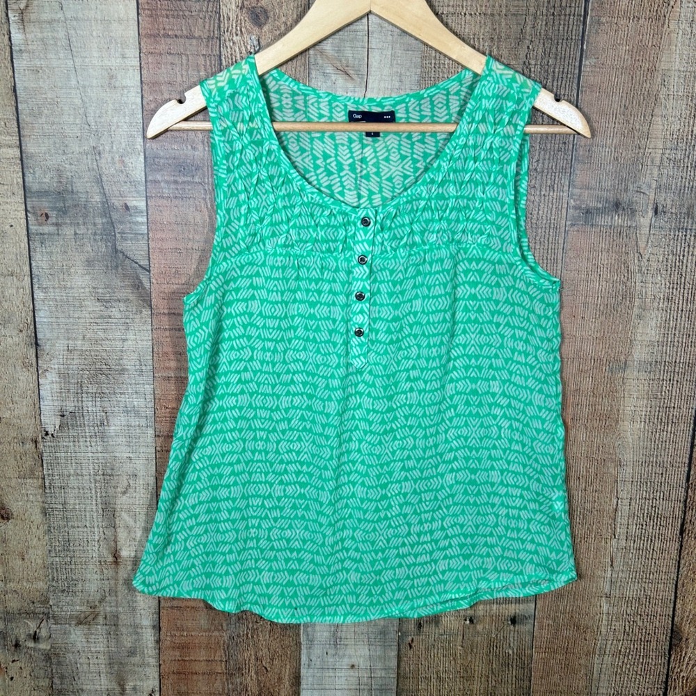 Gap Small Green Geometric Sheer Sleeveless Henley Blouse Pintuck Pleat Tank Top